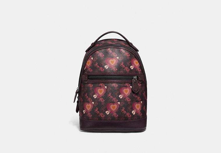 COACH®,BARROW BACKPACK WITH HORSE AND CARRIAGE PRINT AND HEARTS,Coated Canvas,Pewter/Black Oxblood,Front View image number 0