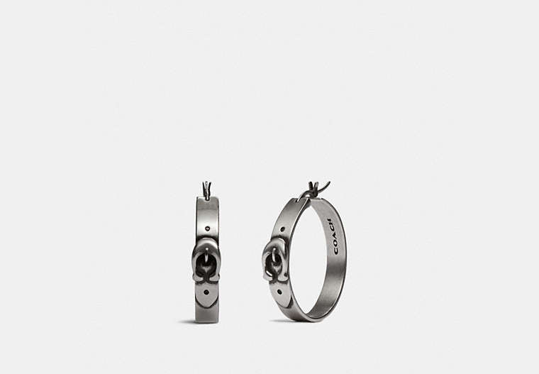 COACH®,SIGNATURE BUCKLE HOOP EARRINGS,Metal,Silver,Front View image number 0