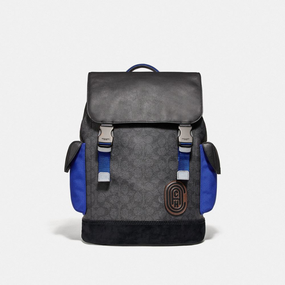 COACH®,RIVINGTON BACKPACK IN SIGNATURE CANVAS WITH COACH PATCH,Signature Coated Canvas/Smooth Leather/Suede/Cord...,Black Copper/Black,Front View