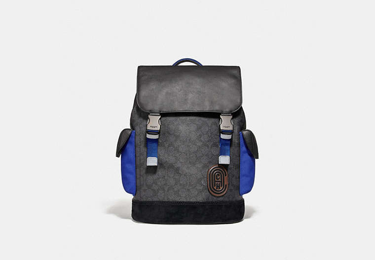 COACH®,RIVINGTON BACKPACK IN SIGNATURE CANVAS WITH COACH PATCH,Signature Coated Canvas/Smooth Leather/Suede/Cord...,Black Copper/Black,Front View image number 0