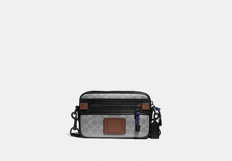 COACH®,ACADEMY CROSSBODY IN REFLECTIVE SIGNATURE CANVAS,Nylon,Small,Black Copper/Silver,Front View image number 0