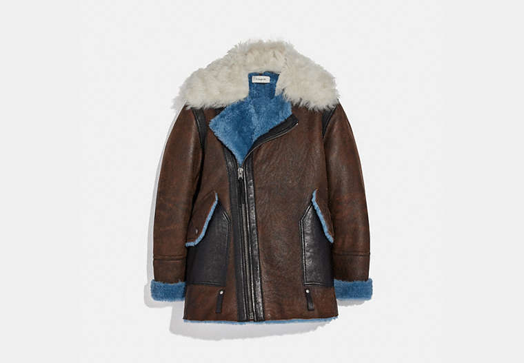 COACH®,SHEARLING AVIATOR JACKET,Leather,BLUE,Front View image number 0