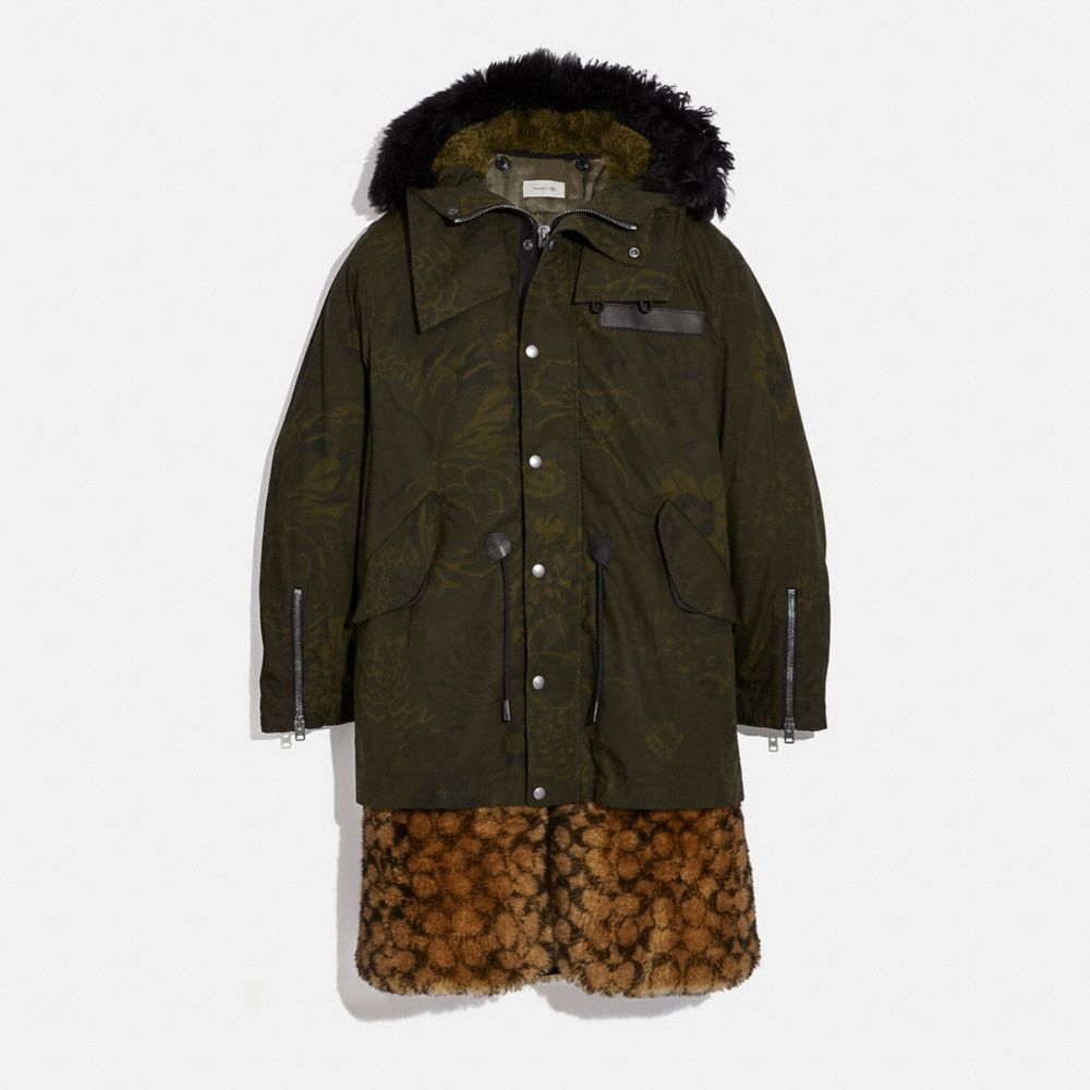 COACH®,SIGNATURE SHEARLING PARKA WITH KAFFE FASSETT PRINT,n/a,Olive,Front View