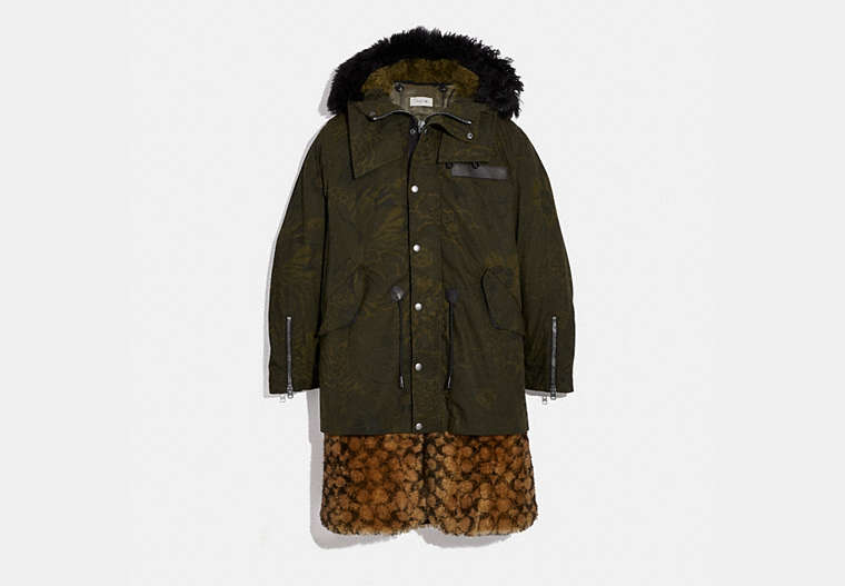 COACH®,SIGNATURE SHEARLING PARKA WITH KAFFE FASSETT PRINT,n/a,Olive,Front View image number 0