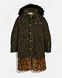 COACH®,SIGNATURE SHEARLING PARKA WITH KAFFE FASSETT PRINT,n/a,Olive,Front View