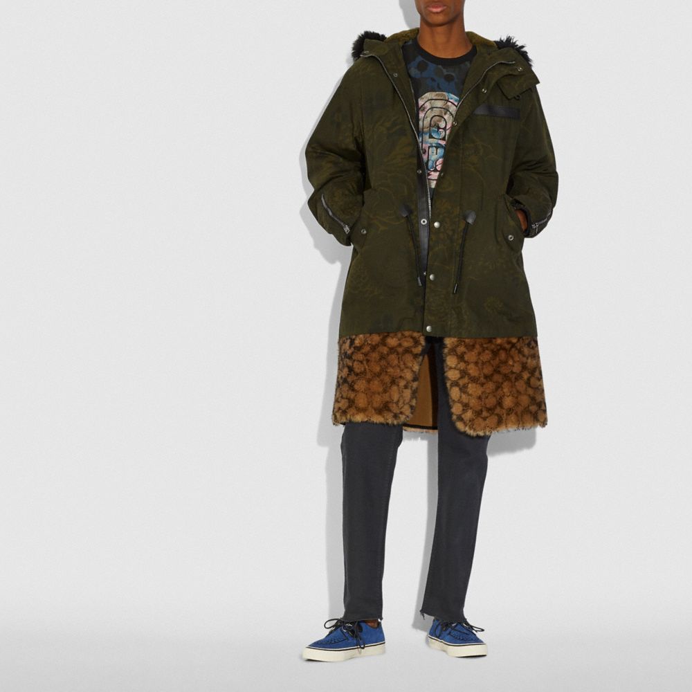 COACH®,SIGNATURE SHEARLING PARKA WITH KAFFE FASSETT PRINT,n/a,Olive,Scale View