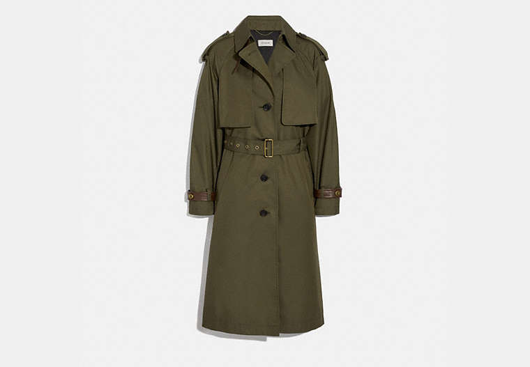 COACH®,COTTON TRENCH COAT,wool,MILITARY GREEN,Front View