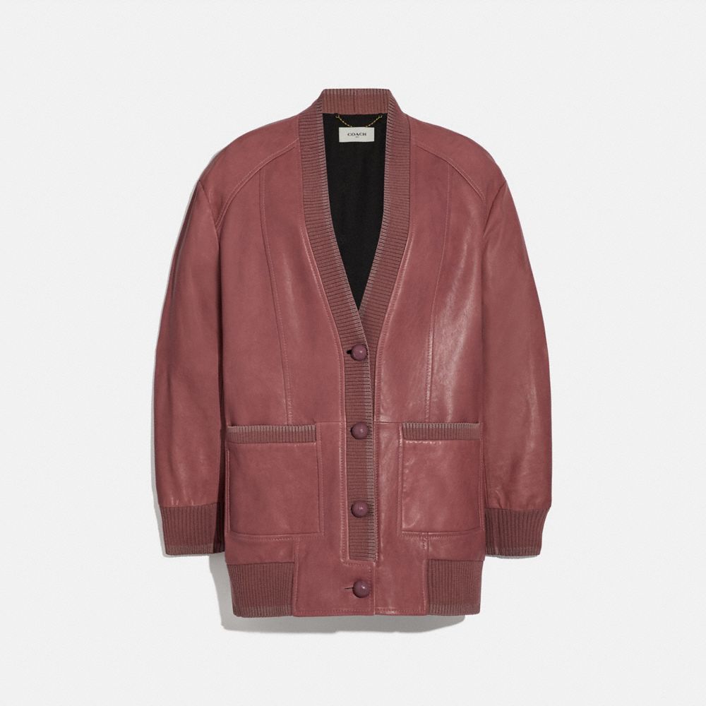 COACH®,LEATHER CARDIGAN,Leather,PINK,Front View