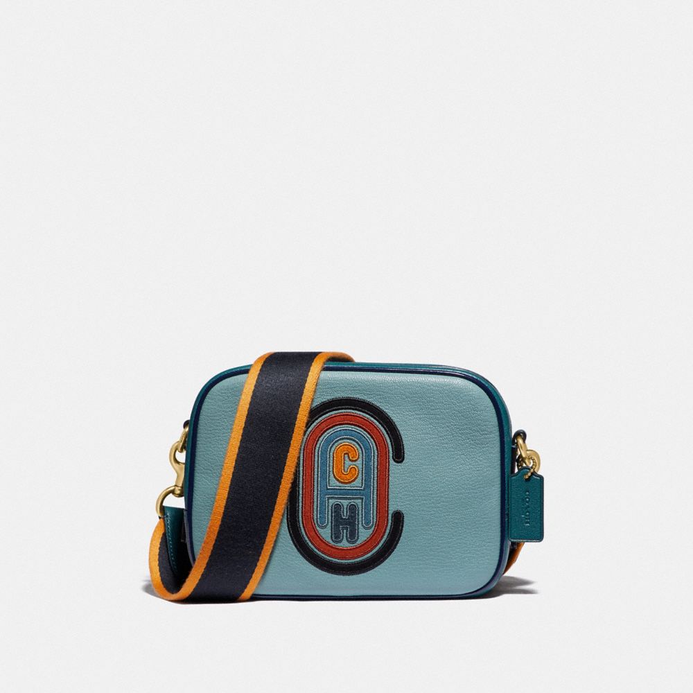 COACH®,CAMERA BAG IN COLORBLOCK WITH COACH PATCH,Leather,Small,Brass/Marine Multi,Front View image number 0