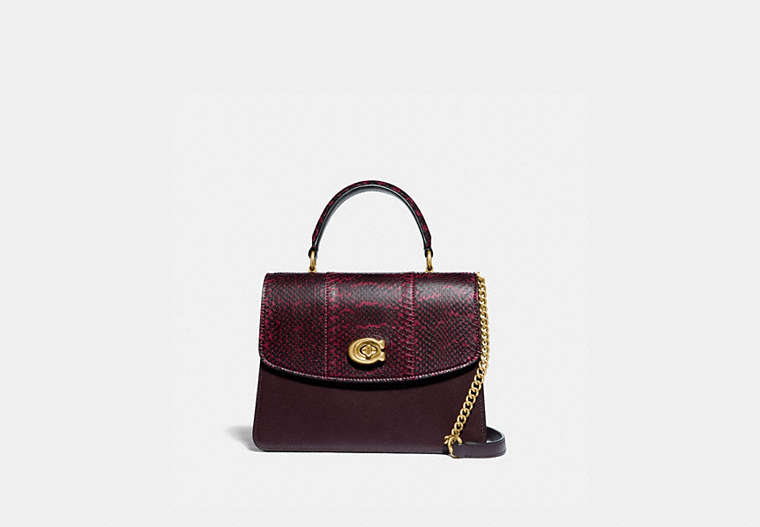 COACH®,PARKER TOP HANDLE IN BLOCKED SNAKESKIN,Smooth Leather/Exotic,Medium,Brass/Deep Red,Front View