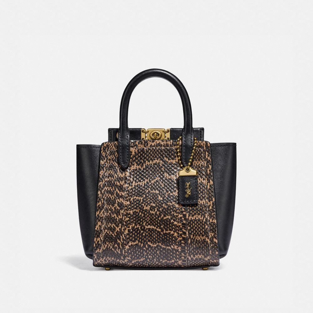 COACH®,TROUPE TOTE 16 IN SNAKESKIN,Leather,Small,Brass/Black,Front View