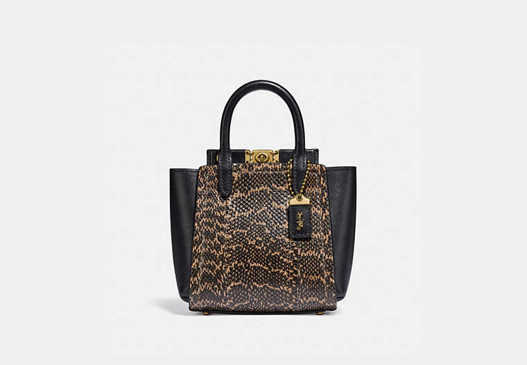 COACH®,TROUPE TOTE 16 IN SNAKESKIN,Leather,Small,Brass/Black,Front View