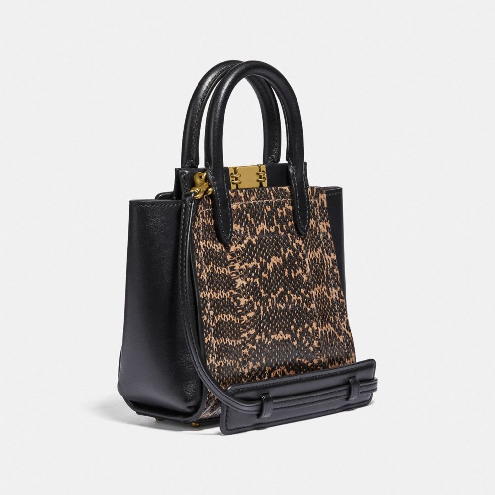 COACH®,TROUPE TOTE 16 IN SNAKESKIN,Leather,Small,Brass/Black,Angle View