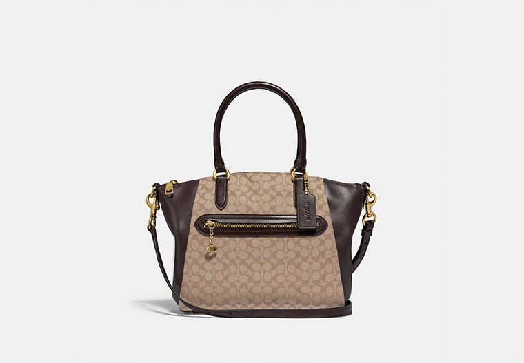 COACH®,ELISE SATCHEL IN SIGNATURE JACQUARD,Smooth Leather/Jacquard,GD/Stone Oak,Front View