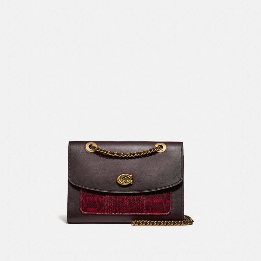 COACH®,PARKER WITH SNAKESKIN DETAIL,Smooth Leather/Exotic,Medium,Brass/Deep Red,Front View