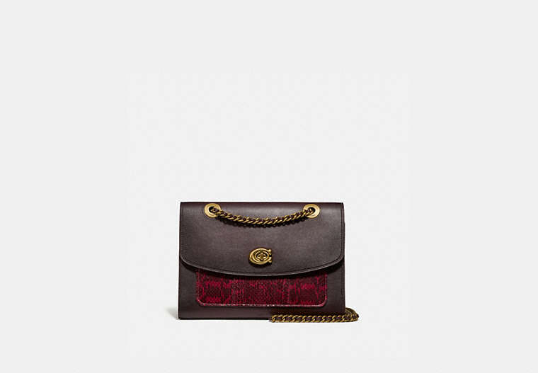 COACH®,PARKER WITH SNAKESKIN DETAIL,Smooth Leather/Exotic,Medium,Brass/Deep Red,Front View