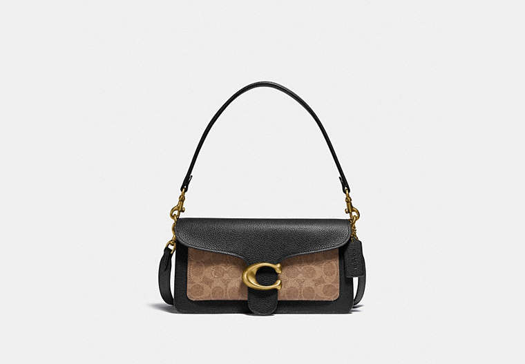 COACH®,TABBY SHOULDER BAG 26 IN SIGNATURE CANVAS,Signature Coated Canvas/Pebble Leather/Suede,Medium,Brass/Tan Black,Front View