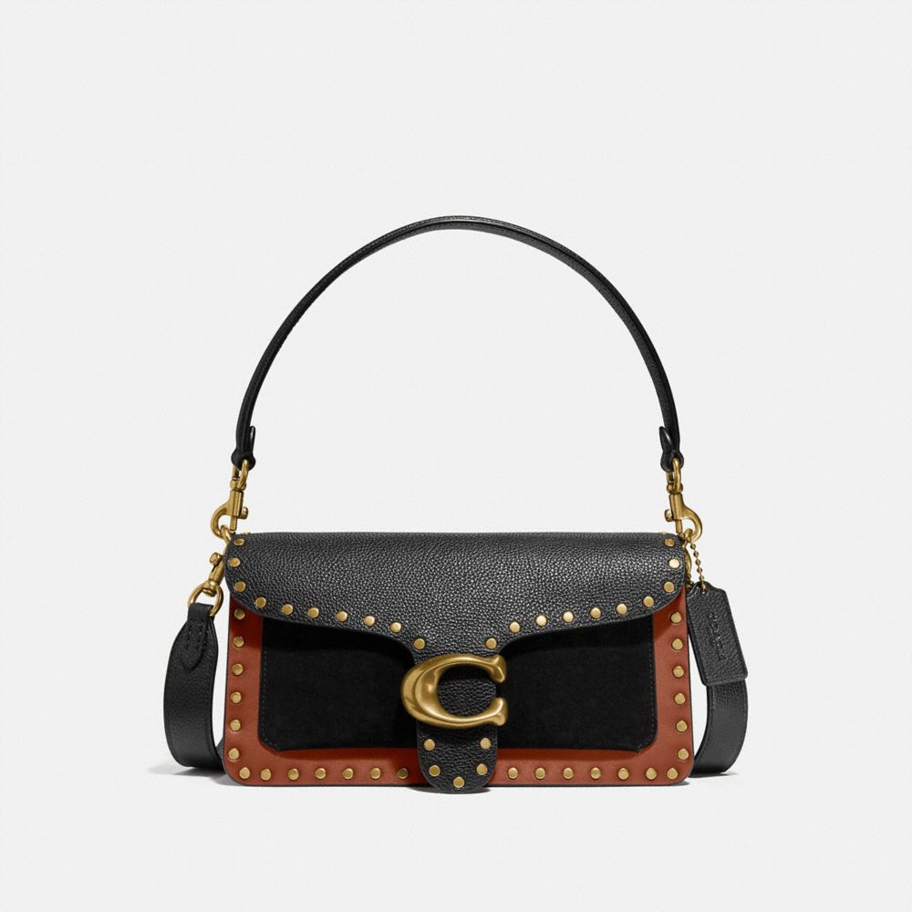 COACH®,TABBY SHOULDER BAG 26 WITH RIVETS,Smooth Leather/Pebble Leather/Suede,Medium,Brass/Black Multi,Front View image number 0