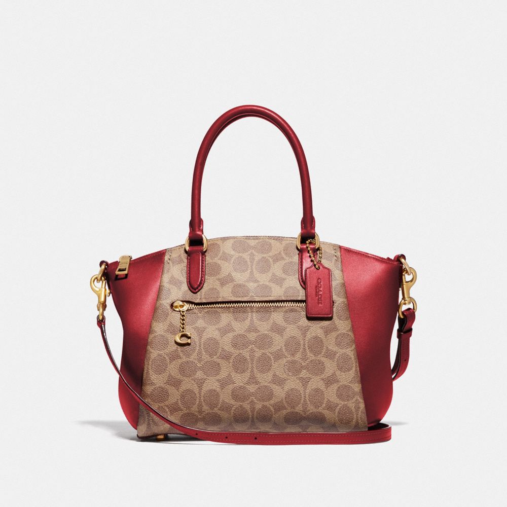 COACH®,ELISE SATCHEL BAG IN SIGNATURE CANVAS,Coated Canvas,Medium,Brass/Tan Red Apple,Front View image number 0