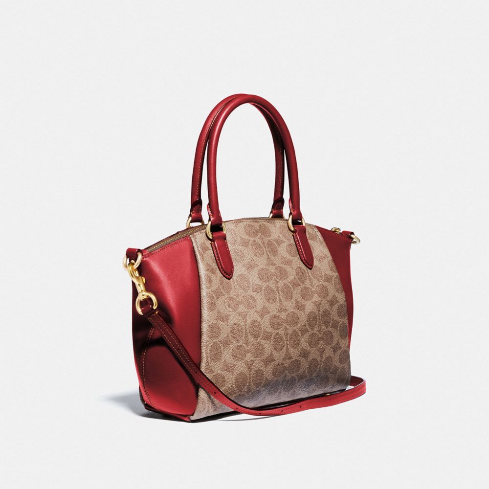 COACH®,ELISE SATCHEL BAG IN SIGNATURE CANVAS,Coated Canvas,Medium,Brass/Tan Red Apple,Angle View