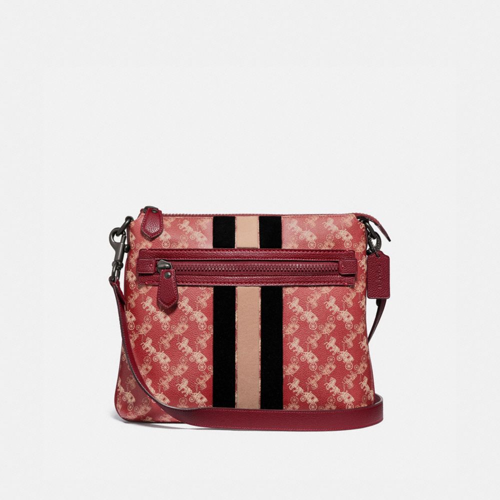 COACH®,OLIVE CROSSBODY WITH HORSE AND CARRIAGE PRINT AND VARSITY STRIPE,Coated Canvas,Pewter/Deep Red,Front View image number 0