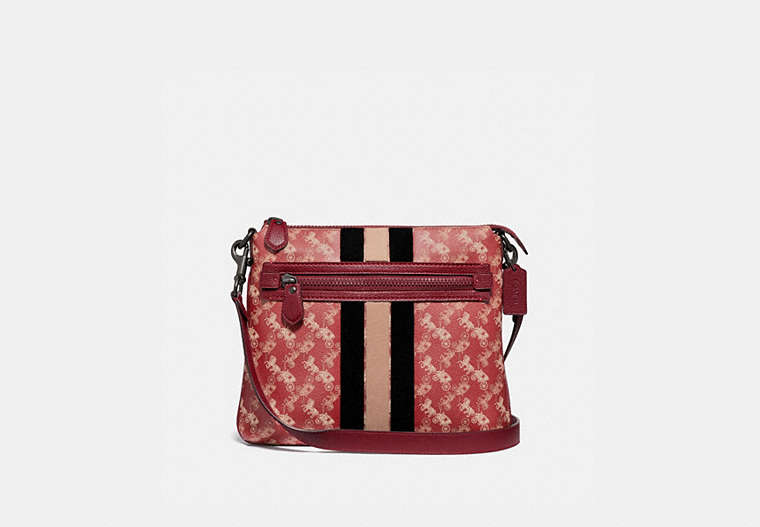 COACH®,OLIVE CROSSBODY WITH HORSE AND CARRIAGE PRINT AND VARSITY STRIPE,Coated Canvas,Small,Pewter/Deep Red,Front View