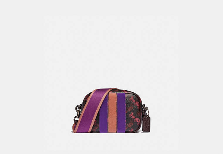 COACH®,CAMERA BAG 16 WITH HORSE AND CARRIAGE PRINT AND VARSITY STRIPE,pvc,Mini,Pewter/Black Oxblood,Front View