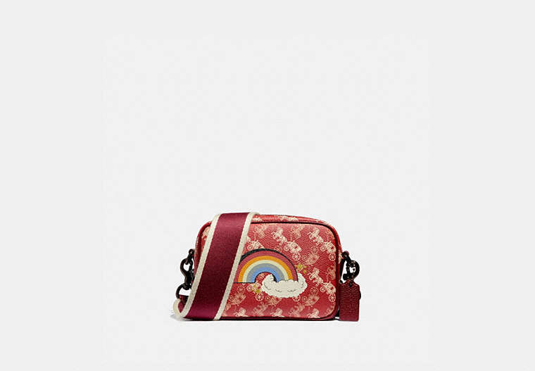 COACH®,CAMERA BAG 16 WITH HORSE AND CARRIAGE PRINT AND RAINBOW,pvc,Mini,Pewter/Deep Red,Front View