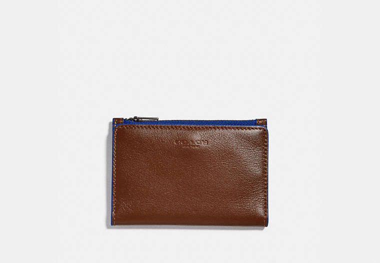 COACH®,BIFOLD ZIP CARD CASE,Smooth Leather,Saddle/Sport Blue,Front View