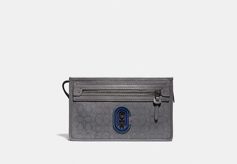 COACH®,RIVINGTON CONVERTIBLE POUCH IN SIGNATURE JACQUARD WITH COACH PATCH,pvc,Mini,Heather Grey/Blue Ombre,Front View