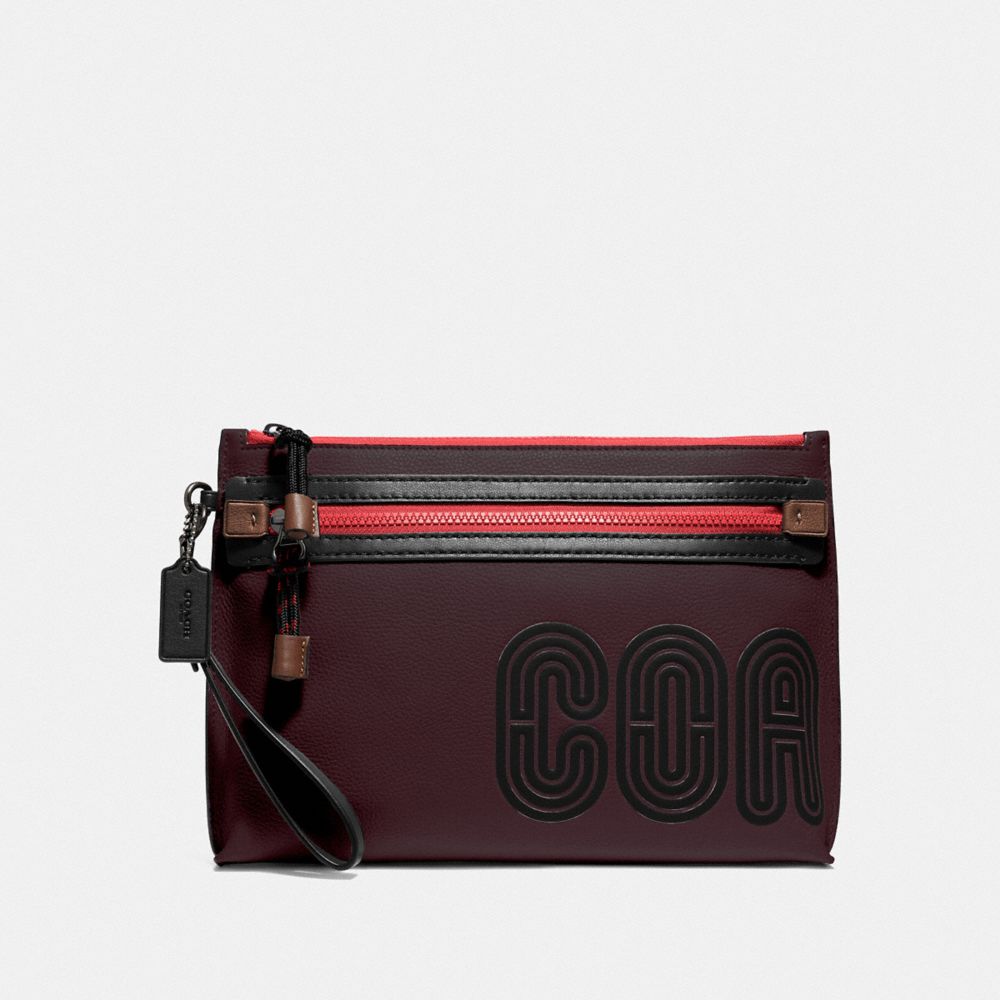 COACH®,ACADEMY POUCH WITH COACH PRINT,pvc,Oxblood/Racing Orange,Front View