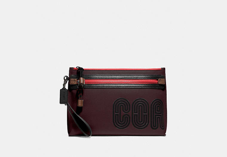 COACH®,ACADEMY POUCH WITH COACH PRINT,pvc,Oxblood/Racing Orange,Front View