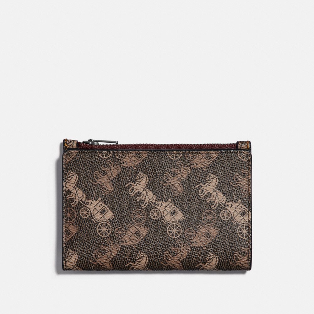 COACH®,BIFOLD ZIP CARD CASE WITH HORSE AND CARRIAGE PRINT,Coated Canvas,Brown/Tan,Front View
