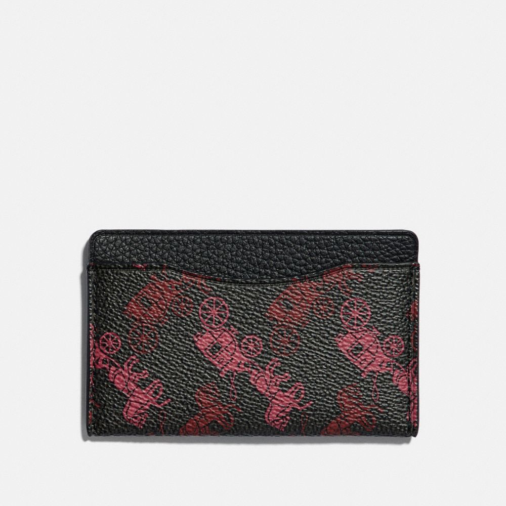 COACH®,SMALL CARD CASE WITH HORSE AND CARRIAGE PRINT,Coated Canvas,BLACK/RED,Front View