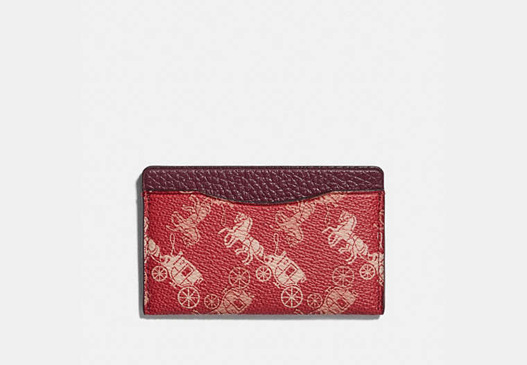 COACH®,SMALL CARD CASE WITH HORSE AND CARRIAGE PRINT,Coated Canvas,RED/WHITE,Front View