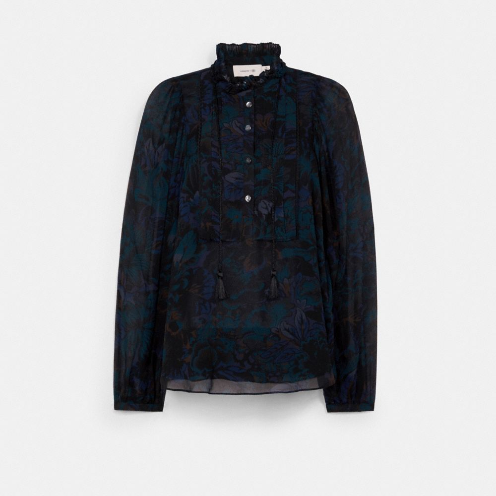 COACH®,LONG SLEEVE BLOUSE WITH KAFFE FASSETT PRINT,Navy/Teal,Front View