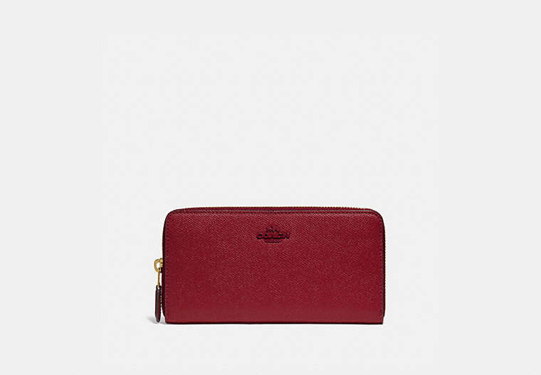 COACH®,ACCORDION ZIP WALLET,Leather,Mini,Brass/Deep Red,Front View