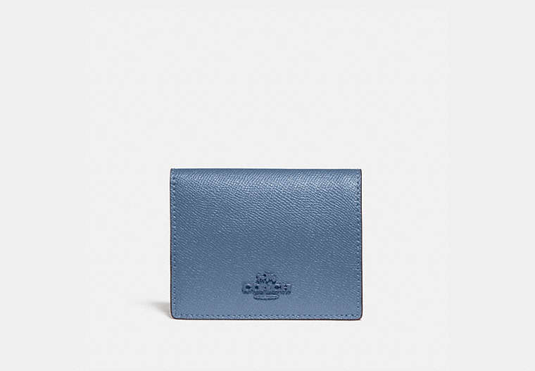 COACH®,SMALL SNAP WALLET,Pebble Leather,Brass/Stone Blue,Front View