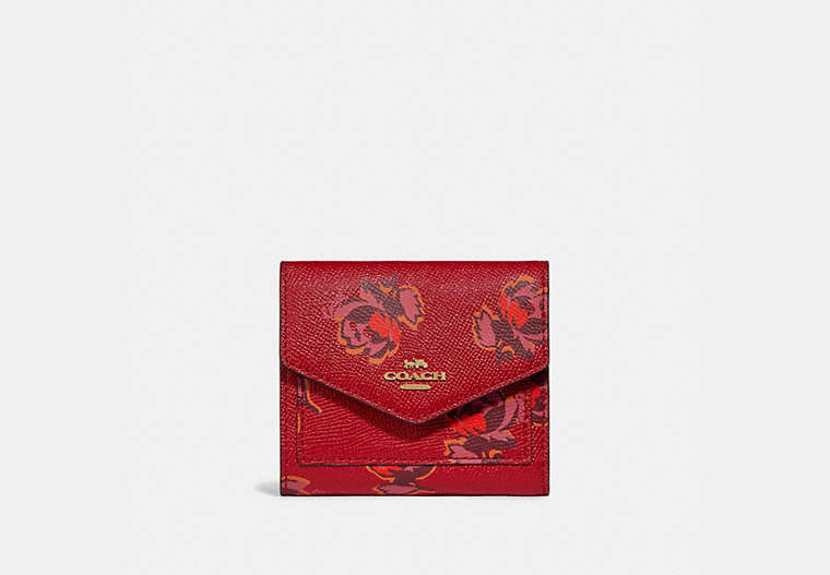 COACH®,SMALL WALLET WITH FLORAL PRINT,pvc,Gold/Red Apple Floral Print,Front View