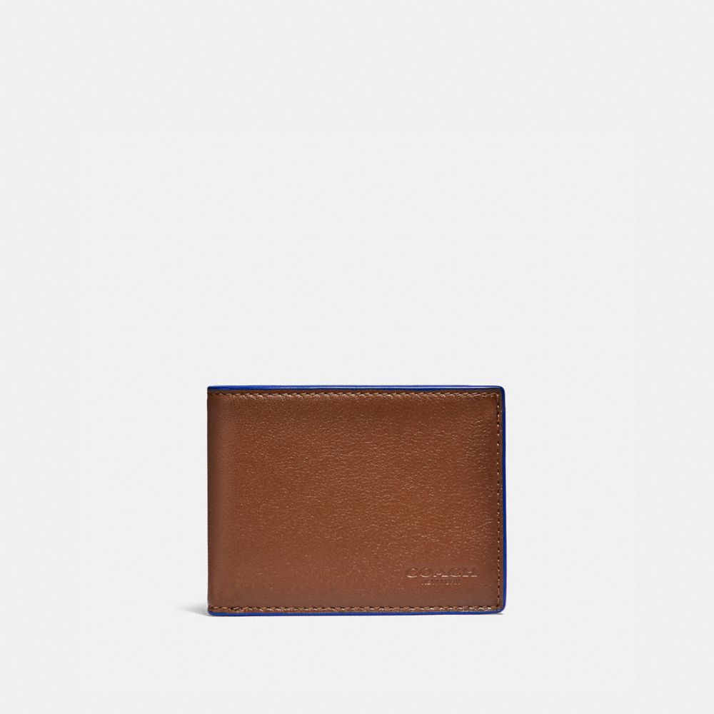 COACH®,SLIM BILLFOLD WALLET,Smooth Leather,Saddle/Sport Blue,Front View