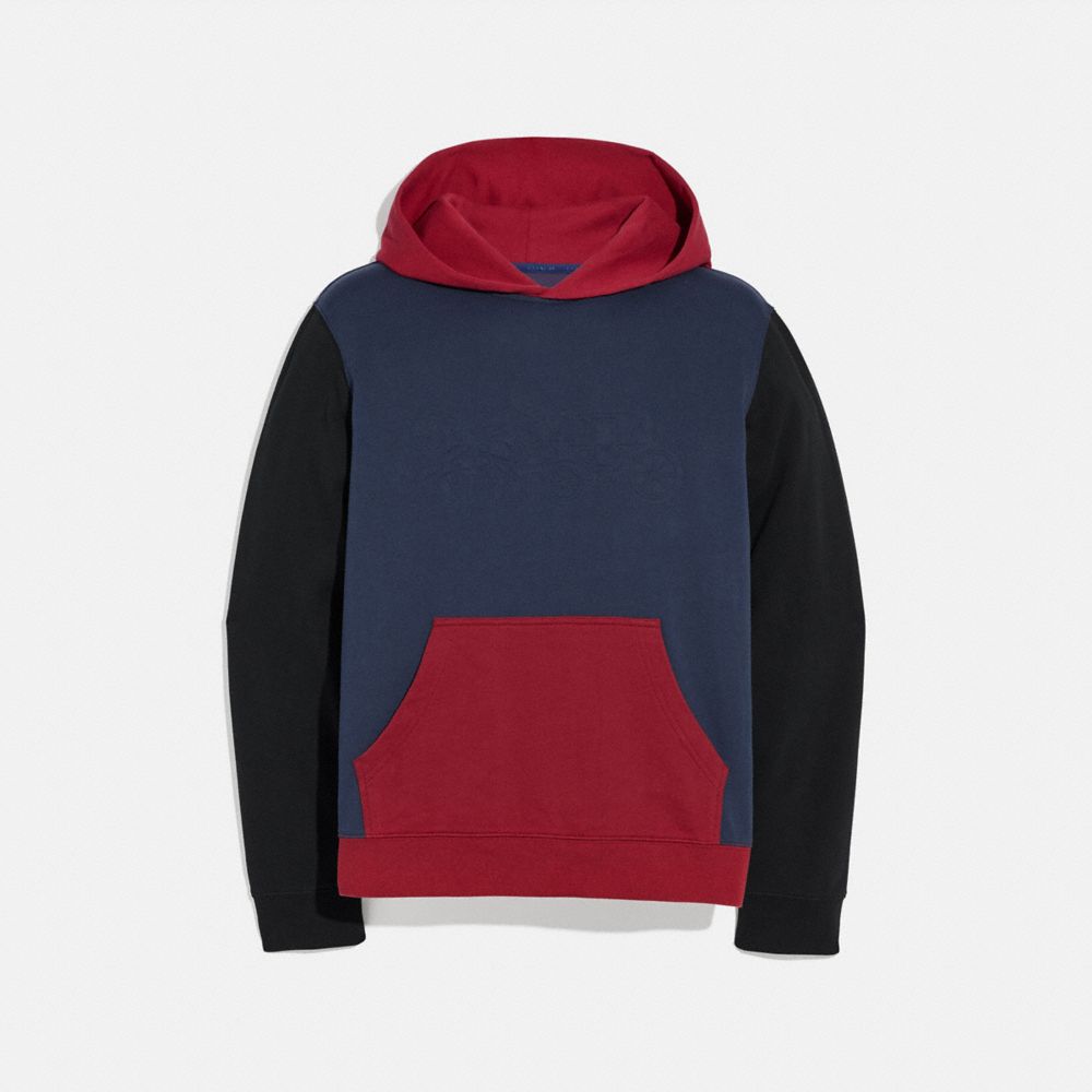 COACH®,POP HORSE AND CARRIAGE HOODIE,cotton,Navy/Dark Cardinal,Front View image number 0
