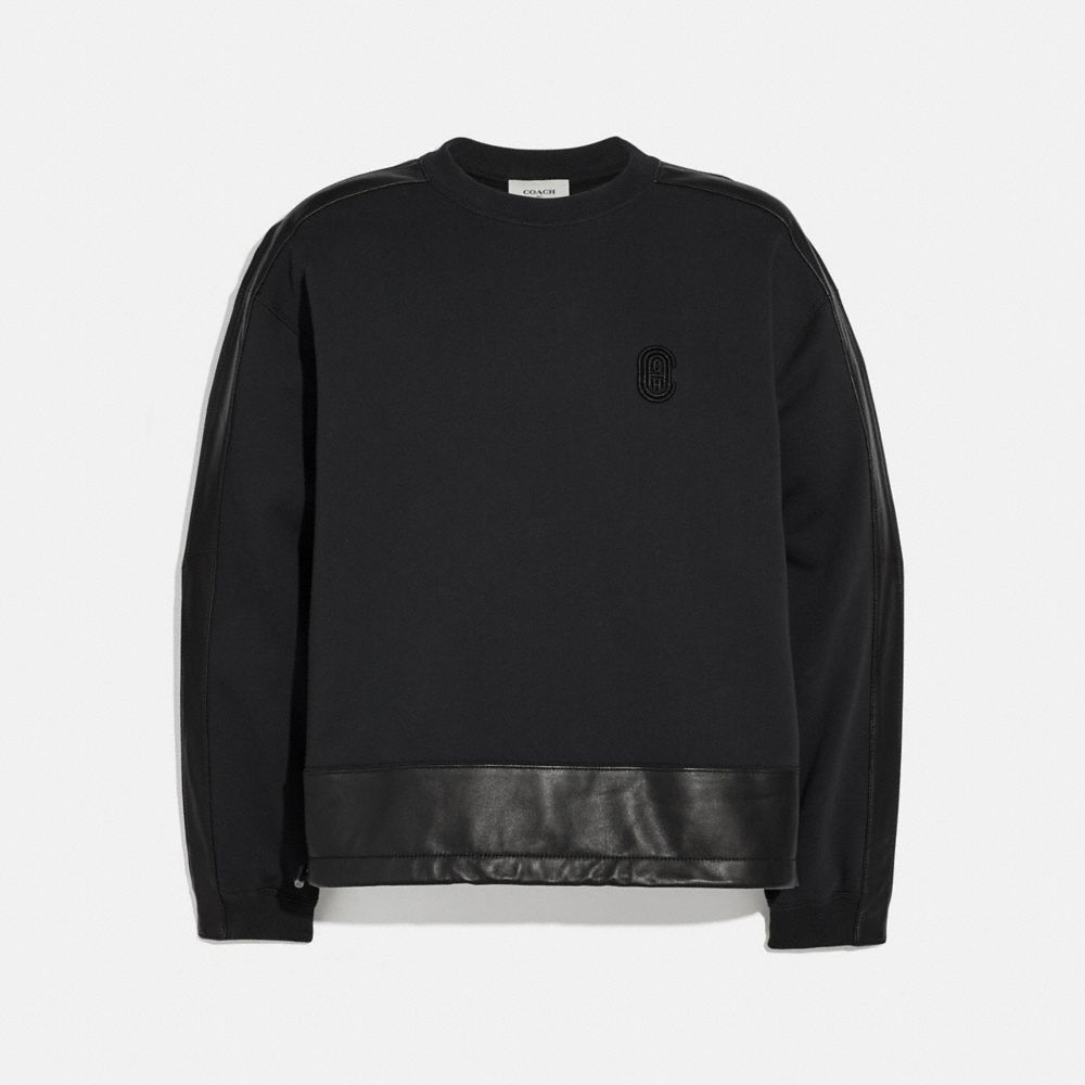 COACH®,LEATHER TRIM SWEATSHIRT,cotton,Black,Front View