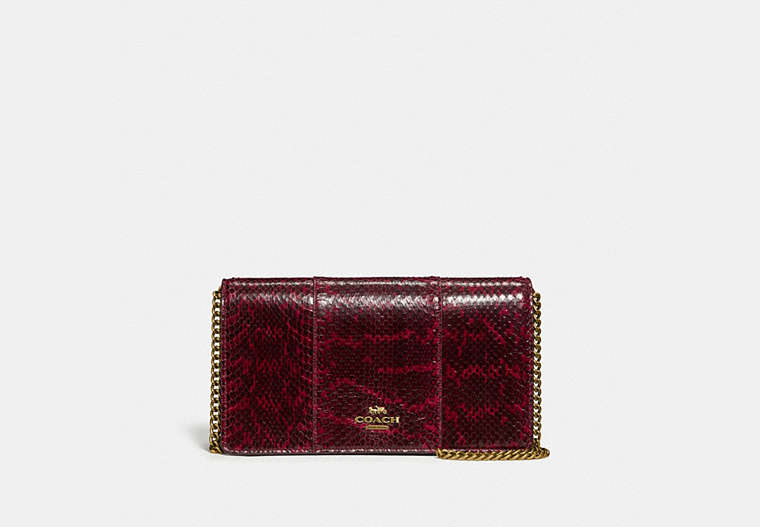 COACH®,CALLIE FOLDOVER CHAIN CLUTCH IN BLOCKED SNAKESKIN,Leather,Mini,Brass/Deep Red,Front View