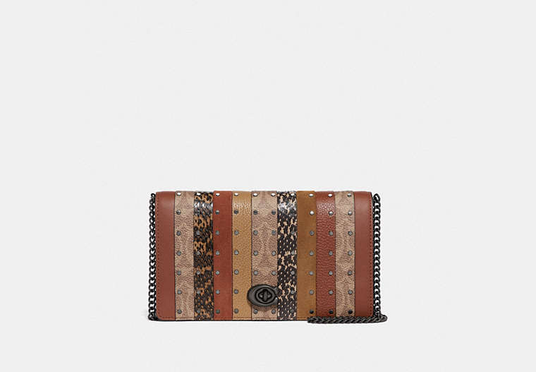 COACH®,CALLIE FOLDOVER CHAIN CLUTCH WITH SIGNATURE CANVAS PATCHWORK STRIPES AND SNAKESKIN DETAIL,Signature Coate...,Pewter/Tan Black Multi,Front View image number 0