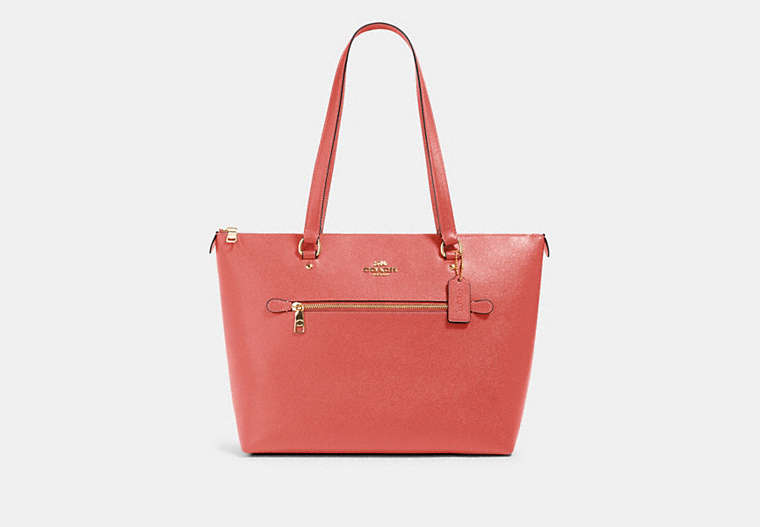 COACH®,GALLERY TOTE BAG,Leather,Large,Gold/Bright Coral,Front View