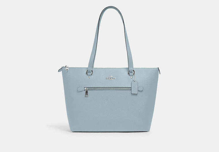 COACH®,GALLERY TOTE BAG,Leather,Large,Silver/Powder Blue,Front View