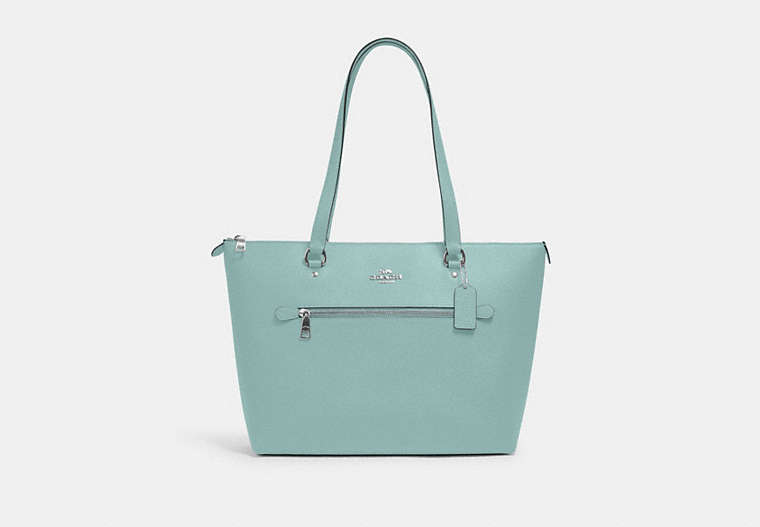 COACH®,GALLERY TOTE BAG,Leather,Large,Light Teal/Silver,Front View