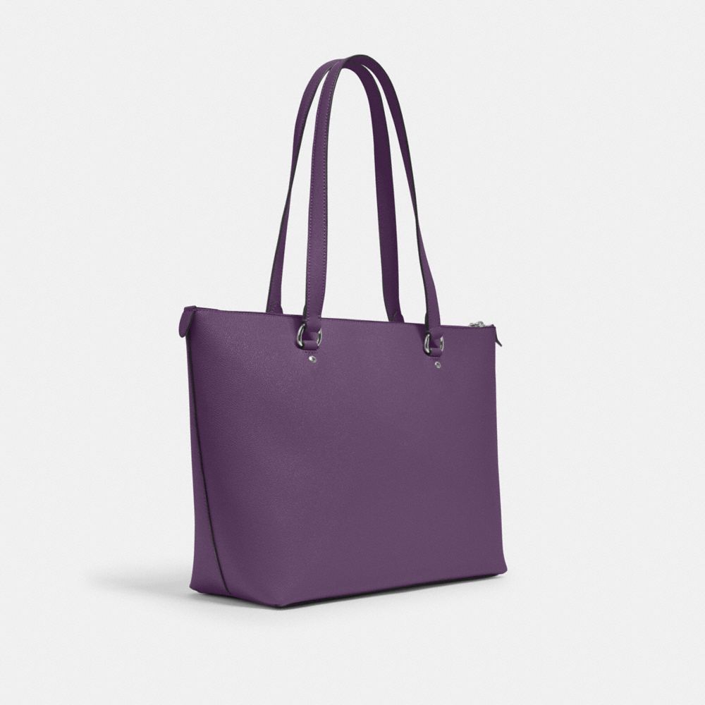 COACH®,GALLERY TOTE BAG,Crossgrain Leather,Large,Silver/DARK AMETHYST,Angle View