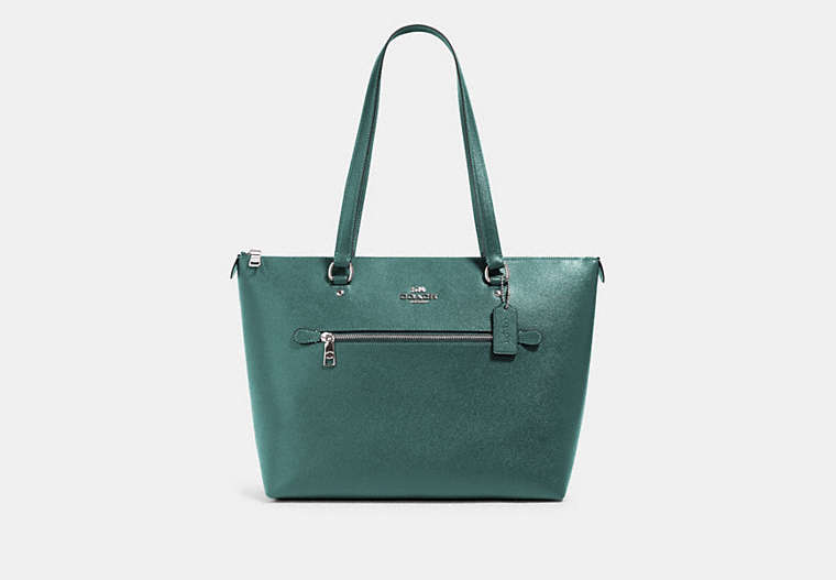 COACH®,GALLERY TOTE BAG,Leather,Large,Silver/Dark Turquoise,Front View