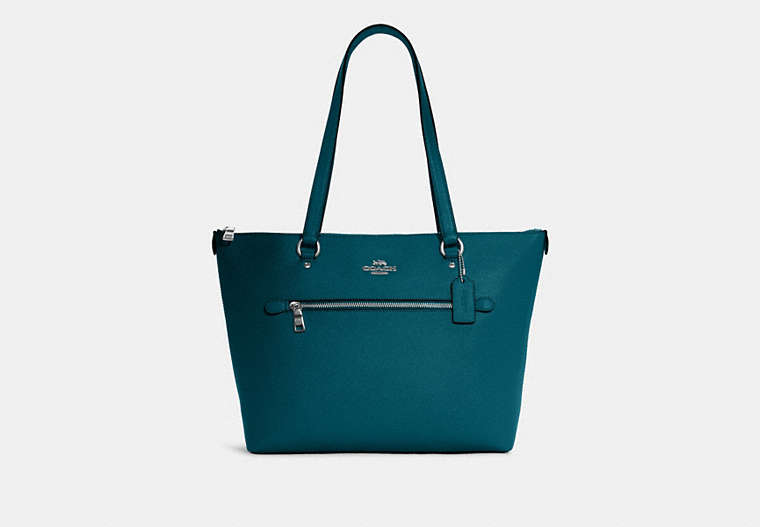COACH®,GALLERY TOTE,Leather,Large,Silver/Deep Turquoise,Front View